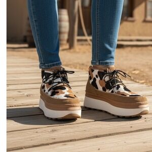 "UGG " Marin Platform Cow Print Suede Lace Up Women's Ankle Boots SZ 8 Farmgirl